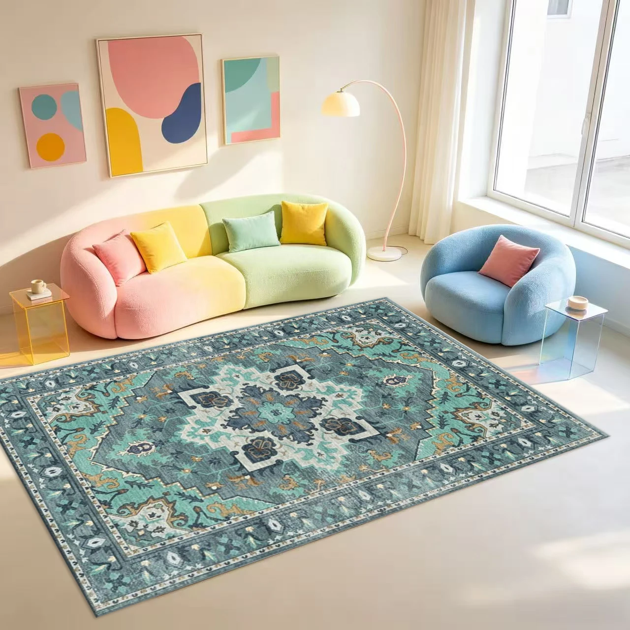 Teal Green Vintage Oriental Medallion Area Rug, Retro Ornate Floral Floor Carpet for Living Room Bedroom Home Decoration