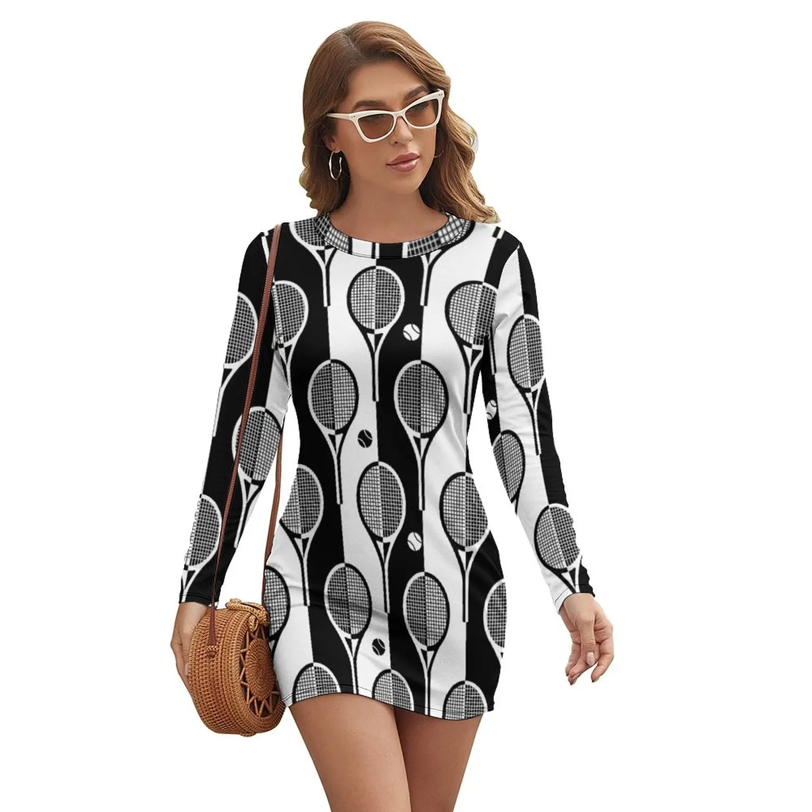 

Black and white Tennis rackets on stripy background Long-sleeved Dress Clothing summer dress woman 2024