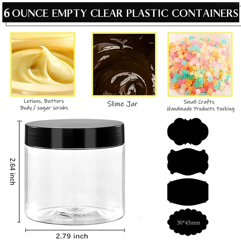 18P 6Oz Plastic Container Jars With Lids and Labels BPA Free Empty Round Clear Cosmetic Containers Plastic Slime Jars for Lotion