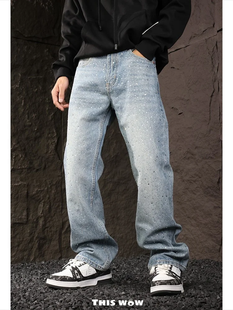 

American Style Heavy Duty Star Rhinestone Wide Leg Straight Cut Men's Jeans Casual Fashion Urban Loose Fit Denim Trousers