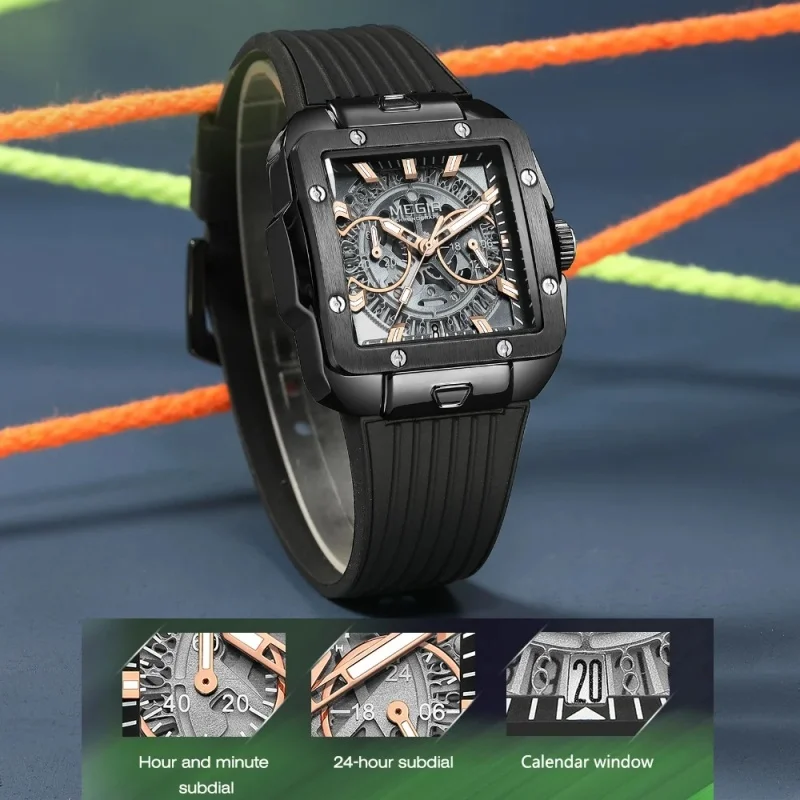 Reloj MEGIR 2228 de cuarzo a la moda para hombre, esfera cuadrada, correa de silicona, cronógrafo multifunción resistente al agua, relojes deportivos luminosos para hombre