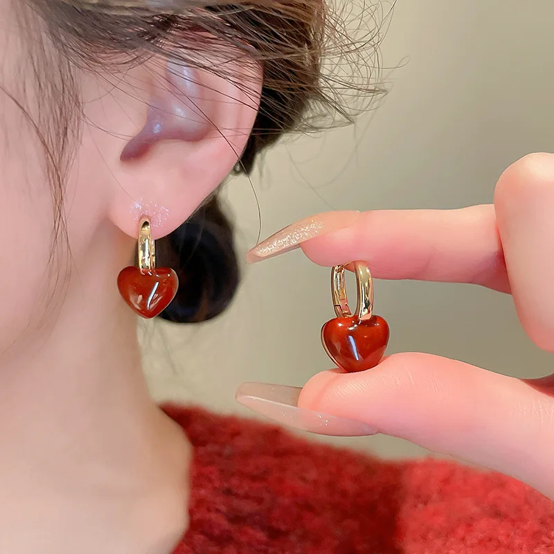 Pendientes Colgantes de Corazón con Aceite Rojo Goteante para Mujer, Aros Huggie Retro Dulces de Amor, Joyería de Moda para Fiesta y Uso Diario, Regalos