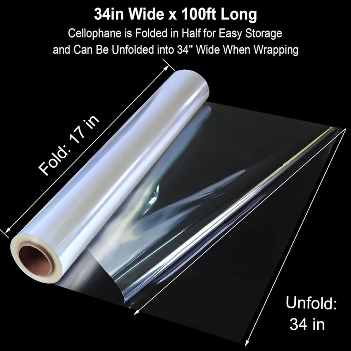 A97G 100Ft Clear Cellophane Wrap Roll 34In X 100Ft Extra Wide Clear Wrapping Paper,Transparent Thicker Clear Cellophane Paper