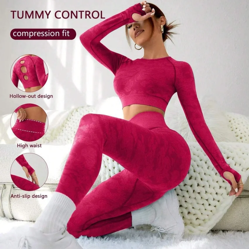 

Seamless camouflage yoga suit for women, high-waist, buttock-lifting, outdoor running training set, fitness sportswear, two-piec