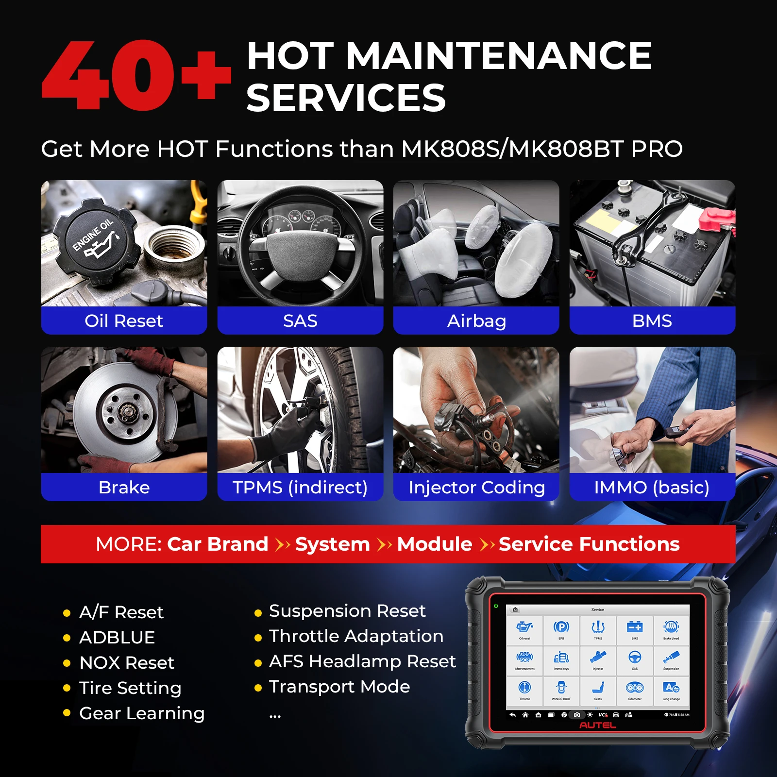 Autel MaxiPRO MP900-BT عدة أدوات تشخيص السيارات ثنائي الاتجاه السيارات الماسح الضوئي ECU الترميز أداة 11 قطعة Obd1 عدة