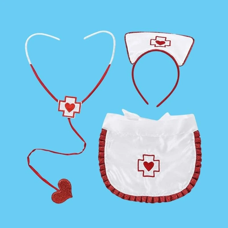 ชุดพยาบาลผู้หญิงแต่งตัวสำหรับผู้ใหญ่รวมถึงผ้ากันเปื้อนหูฟังหูฟังฮัลโลวีนพยาบาลคอสเพลย์เครื่องแต่งกายเครื่องแต่งกาย H7EF