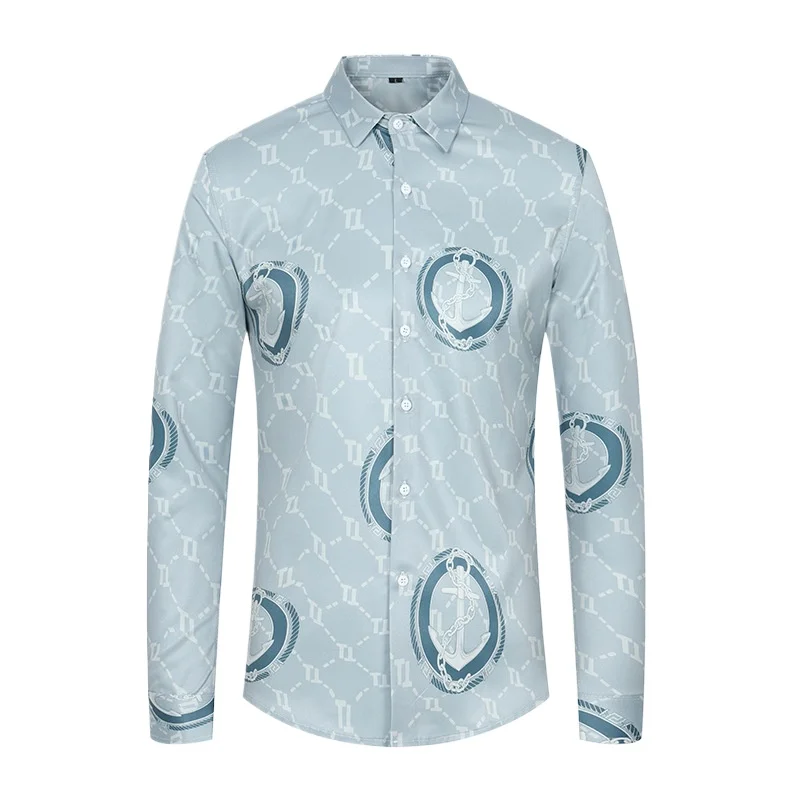 Men's Lapel Non Ironing Long Sleeved Shirt, Digital Printed Casual Slim Fit Shirt