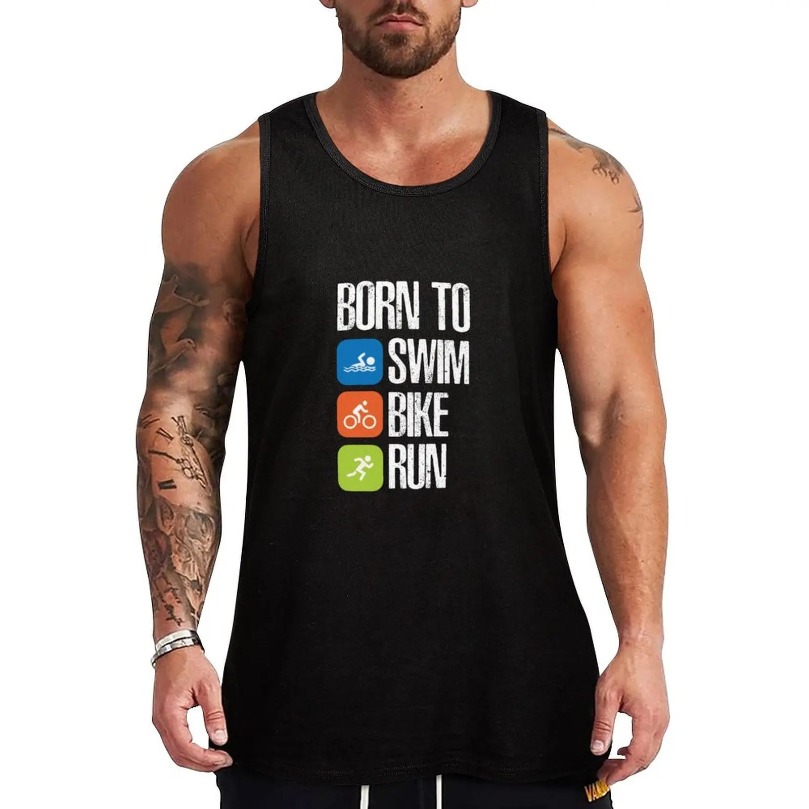 Triatlón - Camiseta sin mangas Born To Swim Bike Run, camiseta sin mangas estilo urbano, camiseta informal sin mangas de estilo urbano