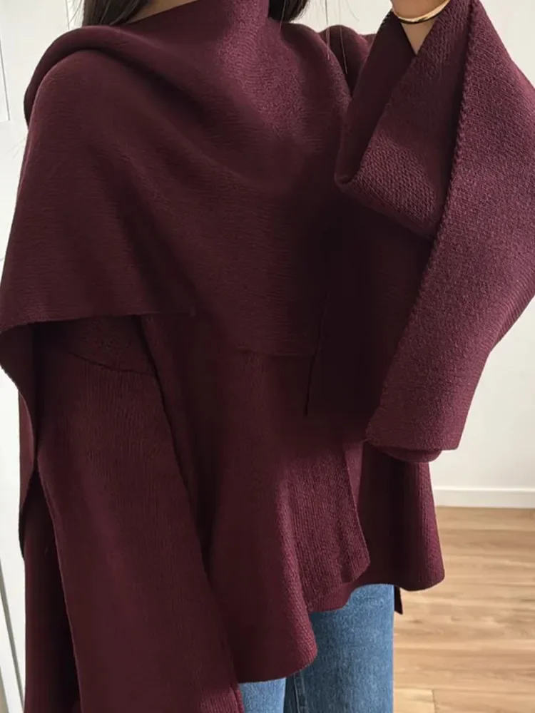 Vrouwen elegante bordeaux sjaalkraag gebreide trui mode effen lange mouwen losse trui herfst chique vrouwelijke warme outwears