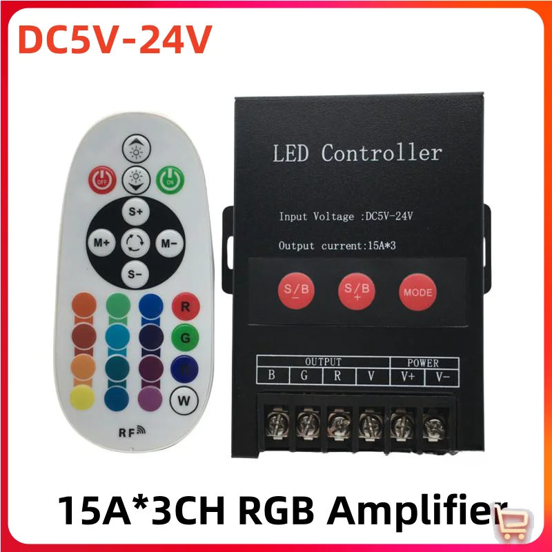 

DC5V-24V RF Wireless RF25Key 15A*3CH RGB LED Controller 45A LED Repeater Amplifier 5050 RGB 12V Led Strip Light RGB Controller