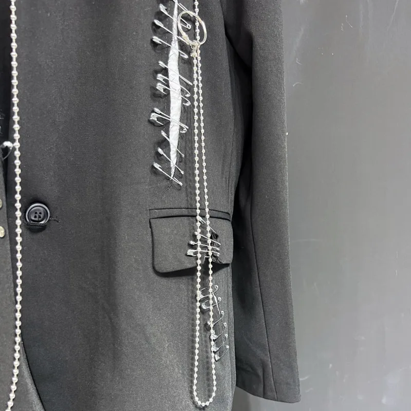 WVGA خريف شتاء جديد رجل المد دمرت المعادن الشرير برشام سلسلة روك البدلة معطف المتخصصة شيك عادية كم طويل السترة Ins W14182