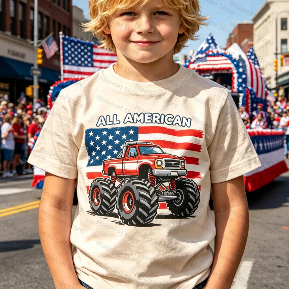 Children's Clothing Boys Fourth of July T-Shirts Short Sleeve Round Neck Truck Flag Print Tops for Toddlers Clothes Adult Tops