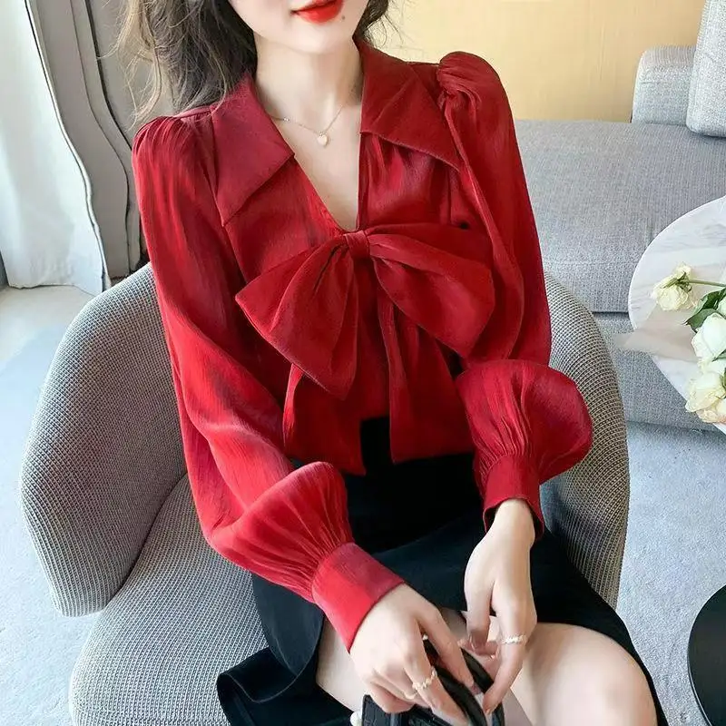 

Autumn French Elegant Slimming V-neck Bow 2 Piece Sets Design Chic 2000s Aesthetic Vintage Sweet Women Outfit Female Clothing