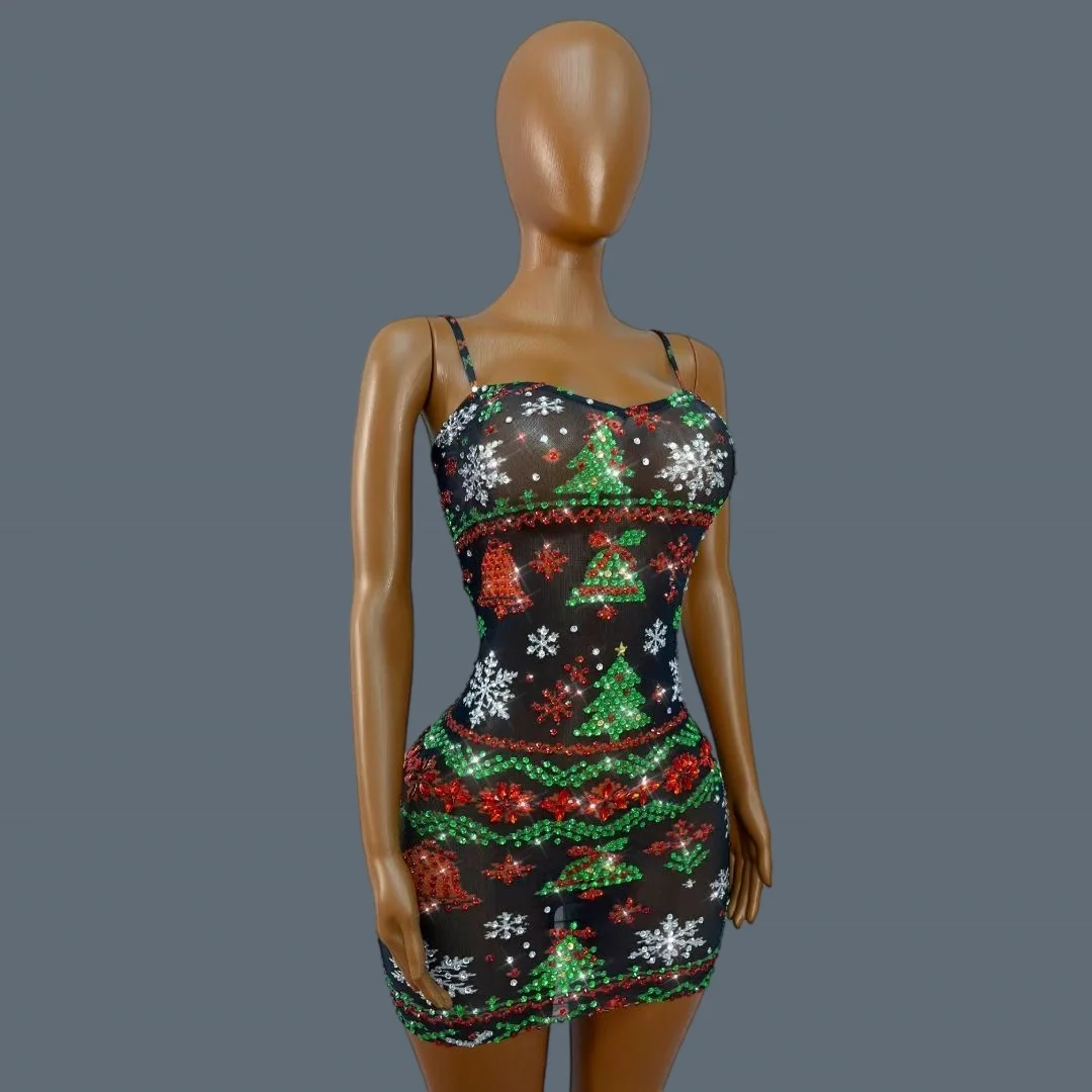 Christmas Tree Snowflakes Sparkly Rhinestone Spaghetti Strap Dress Sexy Women See Through Mesh Mini Dress Party Wear Shengdanshu