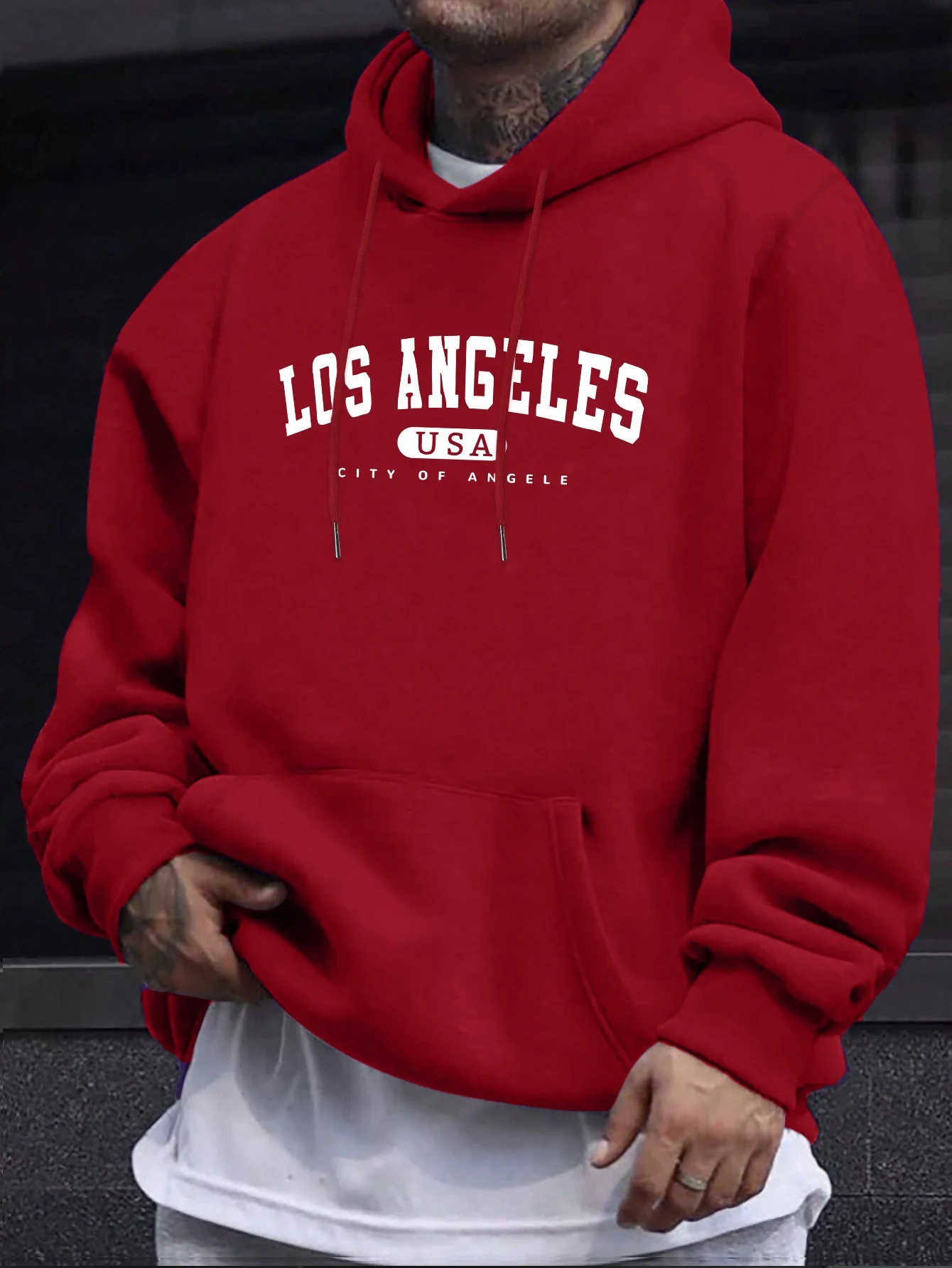 Los Angeles Men's Printed Long-Sleeved Drawstring Hoodie - Casual Style - Autumn/Winter