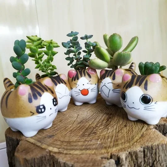 Balcony Decor GiftCute Mini Cat Ceramic Flower Pot Small Cartoon Planter Succulent Plants Bonsai Cactus  Home Garden Desktop