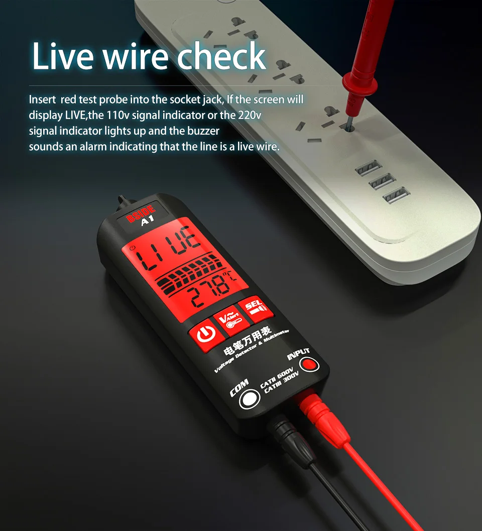 BSIDE Voltage Tester 3-Results Display AC Volt Detector Pen Non-Contact Adjustable Sensitivity Dual Range Electrical Live Finder