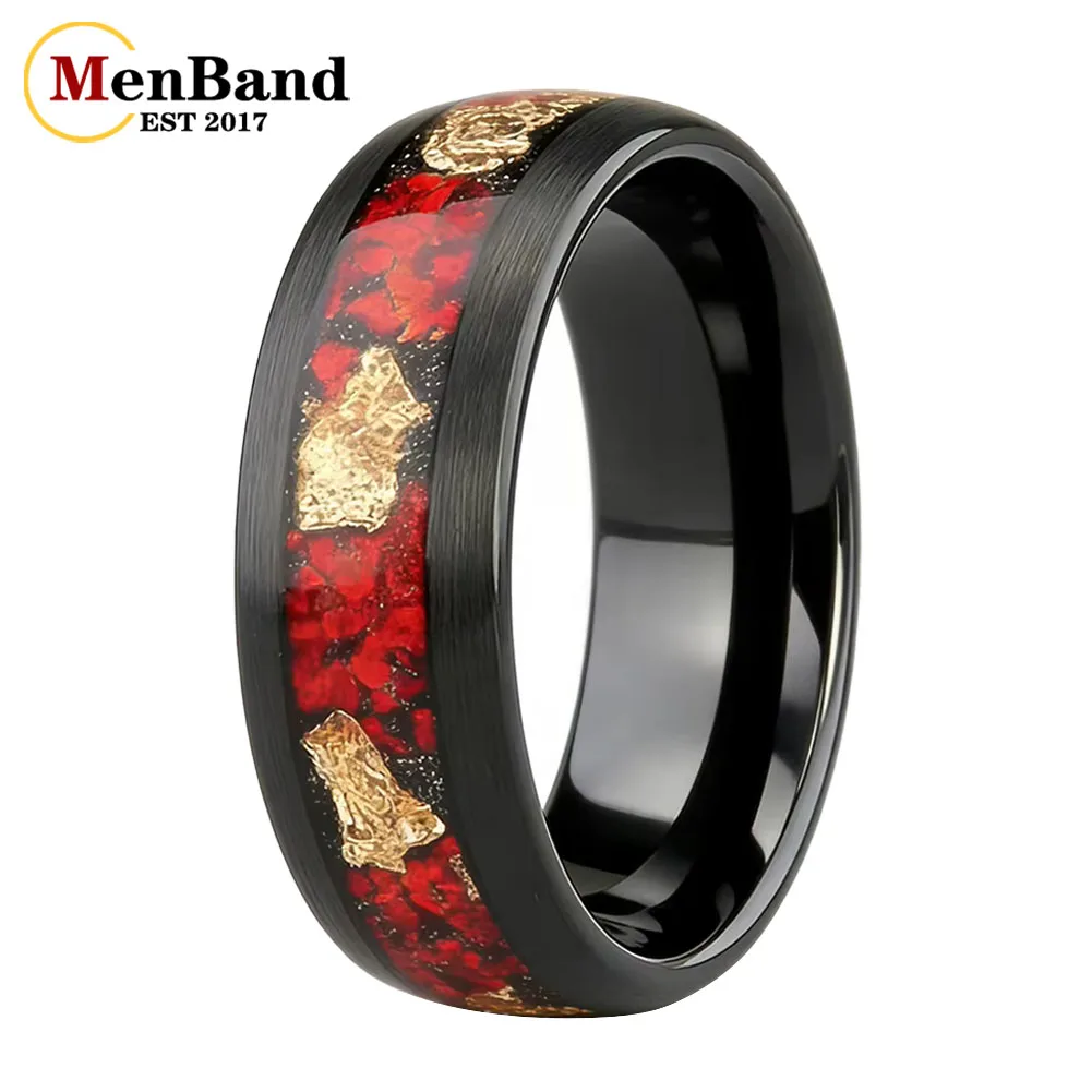 

MenBand 8mm Black Tungsten Men's Wedding Ring with Red/Green Opal & Gold Leaf Inlay Design-Personalized Wedding Band Comfort Fit