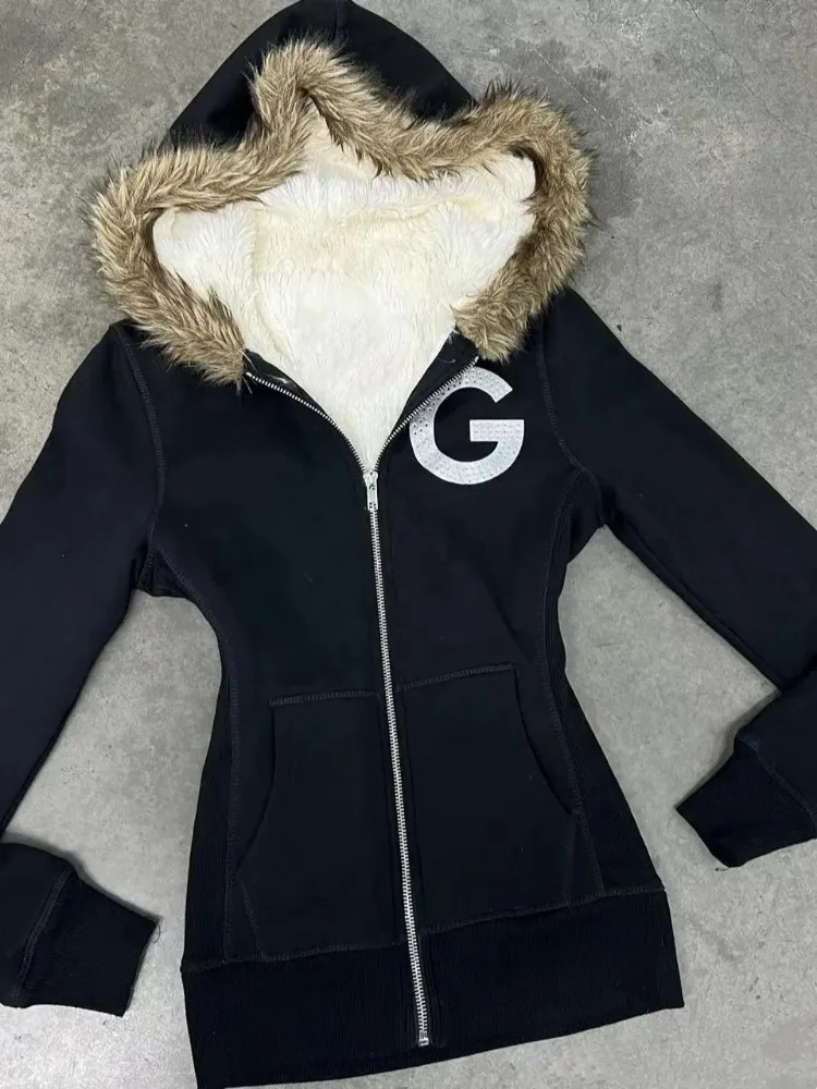 Vintage Harajuku Letter Embroidery Zipper Sweatshirt Hooded Slim Autumn Winter Fleece Jacket Y2k Women's Coat Streetwear Warm