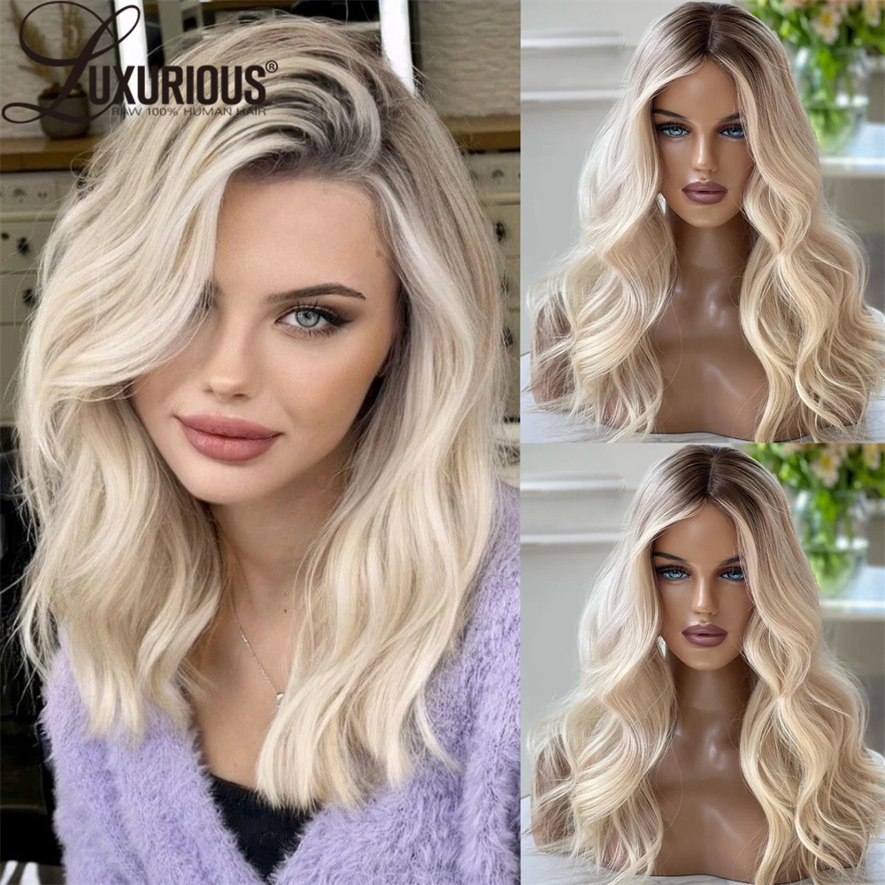 

200% Density Pearl Blonde Ombre Body Wave Virgin Human Hair Wig With Root Smudge 13x4 Pre Bleached Pre Plucked Lace Front Wigs