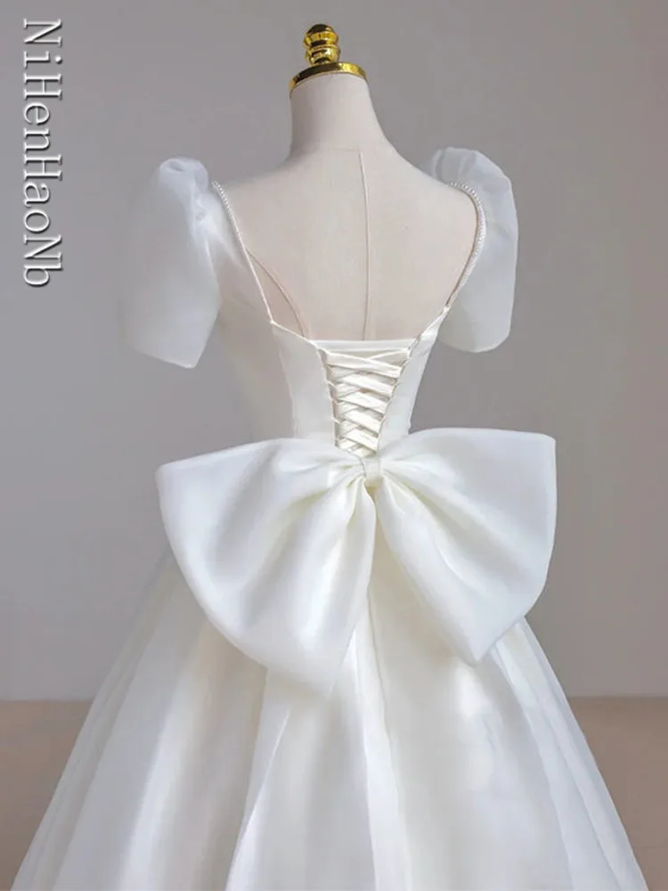 Robe de mariée Maxi blanche de luxe français pour la mariée, manches bouffantes minces, longue robe de soirée de Rh, élégante et sexy, 2023