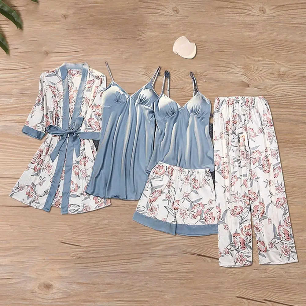 Milk Silk Pajamas Silky Satin Flower Print Women's Pajamas Set with Detachable Chest Pads Lace-up Waist 5 Piece Nightgown Top