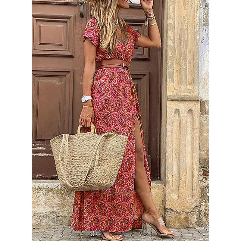 Women Sexy Casual Elegant Holiday Dress Summer Trend V-Neck High Slit Irregular Midi Dress Retro Vintage Print Slim With Belt