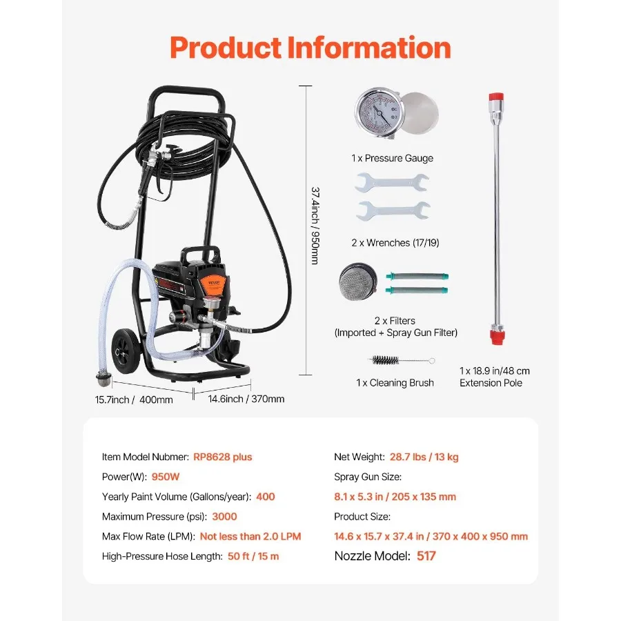 Pulverizador de tinta mal ventilado elétrico de alta eficiência com carrinho para aplicações de pintura interna e externa de casa 950W 3000PSI Deli