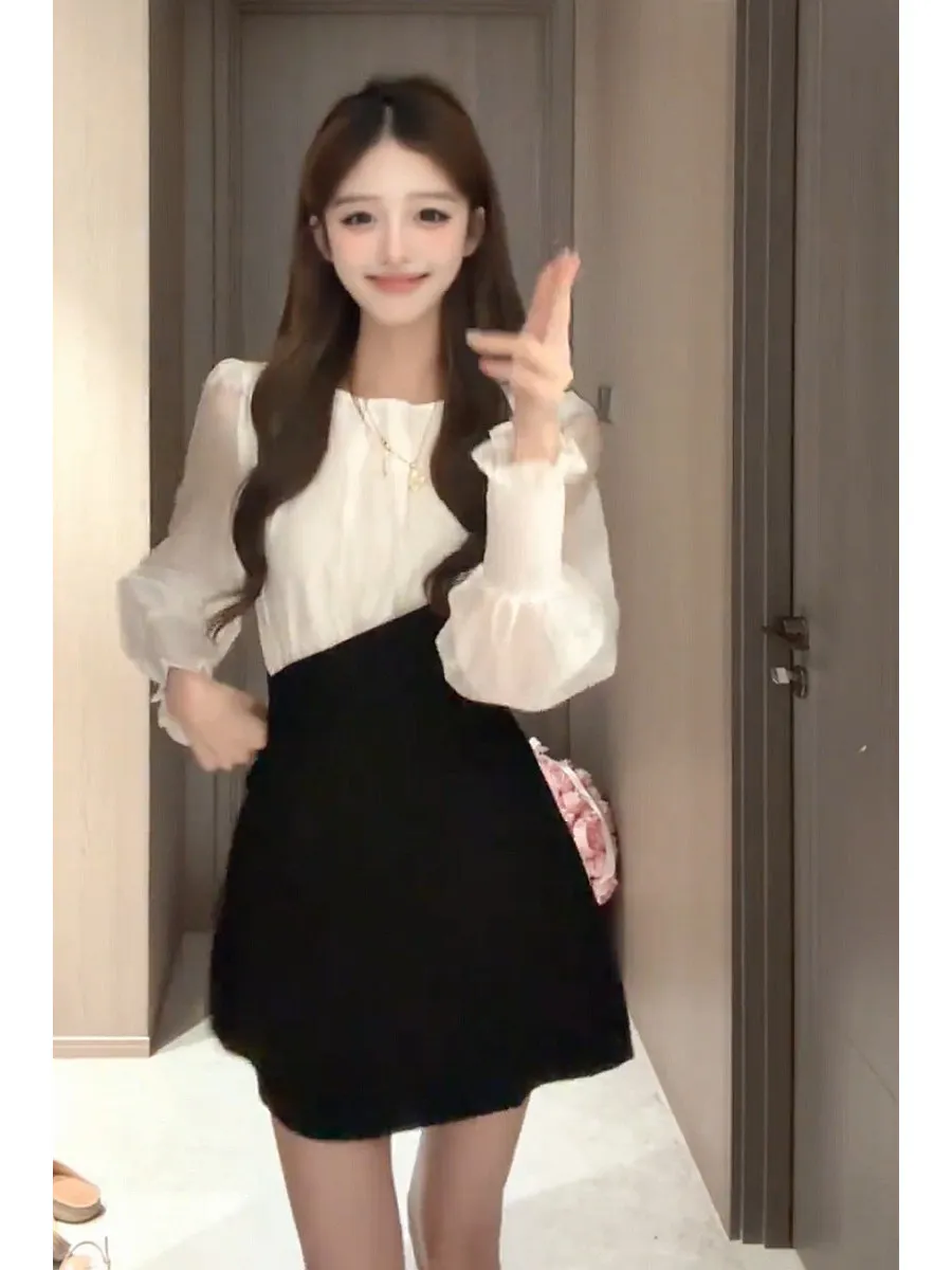 plus Size Retro Color Block Fake Two-Piece Dress Women's Autumn New Design Sensation Strap Short Skirt Korean Style Long Sleeve