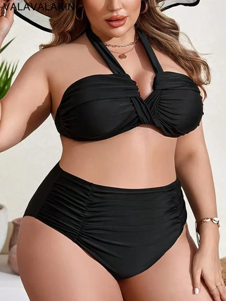 2024 Black 2 Piece Plus Size Bikini Women Tied Halter Large Swimsuit High Waist Lady Swimwear Push Up Chubby Curvy Bathing Suit