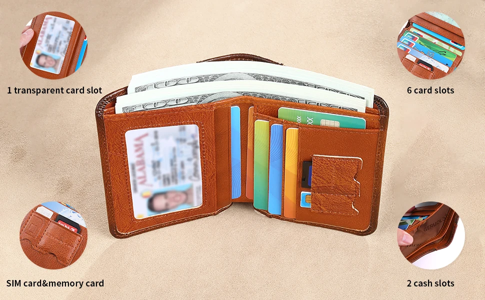 GERUOLA Slim RFID-geschirmte Echtleder-Geldbörse für Herren – multifunktionales Ausweis- und Kreditkartenetui, dunkelbraun mit Verzierungen – Detail 6