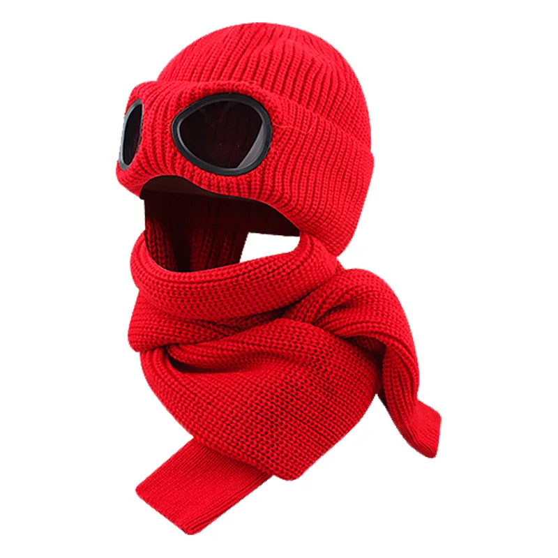 Pilot Hat and Scarf Integrated Men's and Women's Winter Skiing Cycling Thickened Warm Ear Protection Cold Sunglasses Knitted Hat