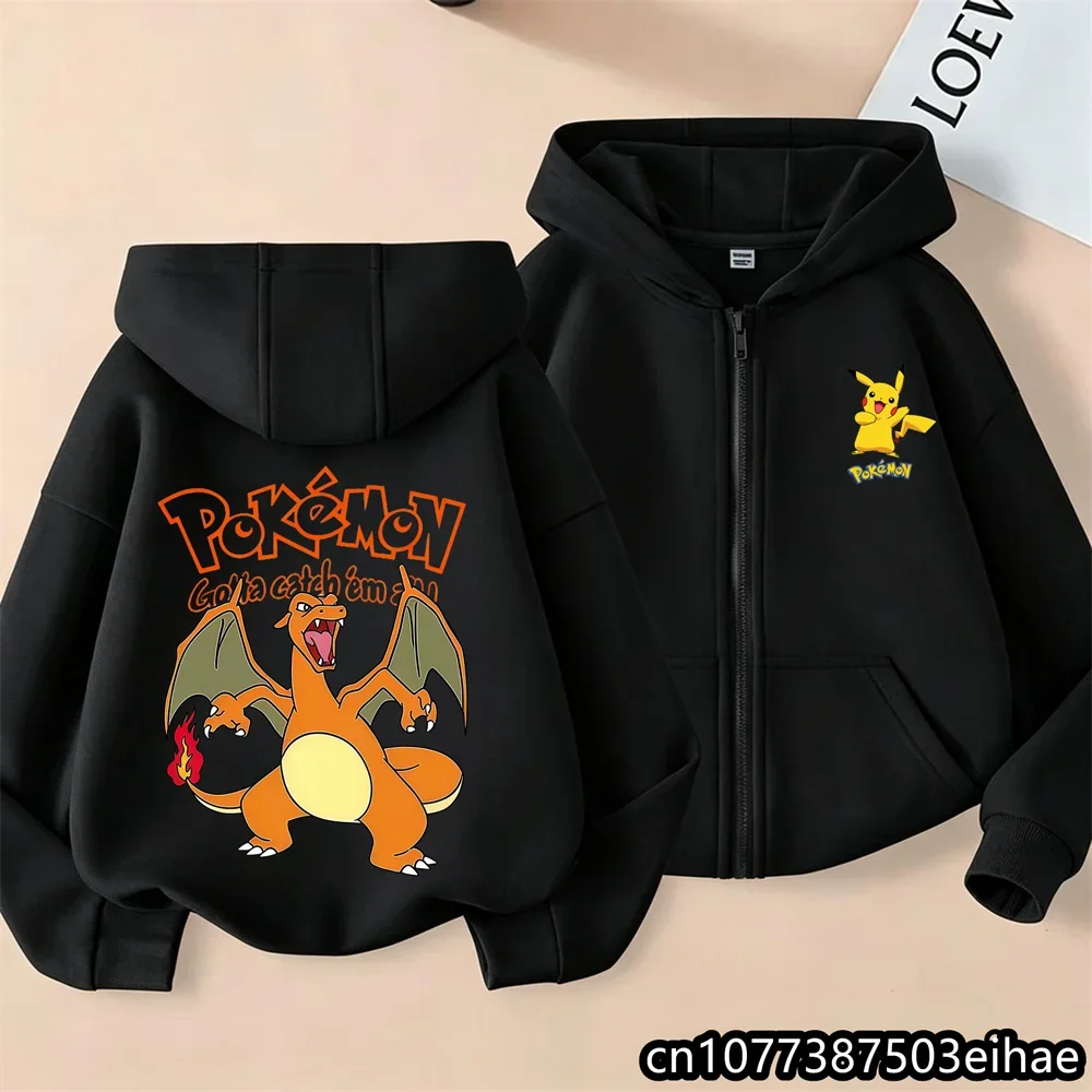 Kids Pokémon Hooded Jacket Zip up Anime Print Hip Hop Streetwear Casual Zipper Sweatshirt Outerwear for Children