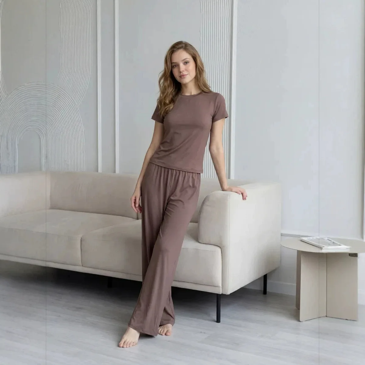 New Women's Casual Set Solid Color Knitted Short Sleeve Top Wide Leg Trousers Trending Pajama Set Fashion Loose Homewear