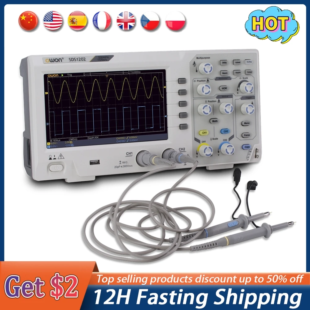 Owon SDS1202 2CH 200MHZ Bandwidth 1GS/s Osciloscopio Digital Oscilloscope 8 Bits 7in Screen High Accuracy Digital Oscilloscopes