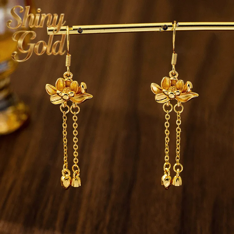 ShinyGold Luxury 24K 9999 Pure Gold Real Gold Three-dimensional Lotus Earrings Retro High-grade Tassel Earrings