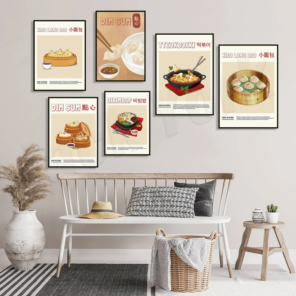 Korean bibimbap, fried rice cakes, Shanghai dumplings, steamed dumplings, shrimp dumplings, Chinese food, snacks, kitchen poster