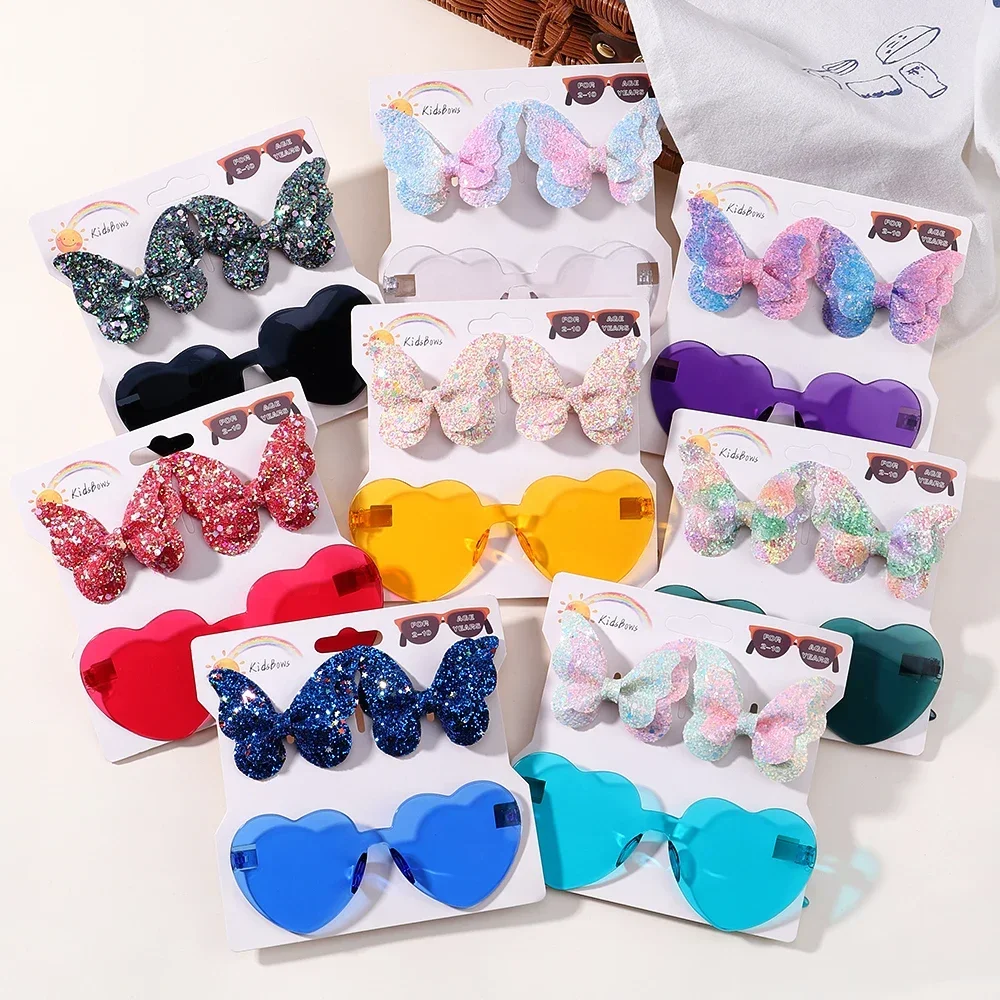 Juego de pinzas para el pelo de mariposa brillante, accesorios para el cabello, conjuntos de gafas, punto de onda de moda para niños, gafas de amor,