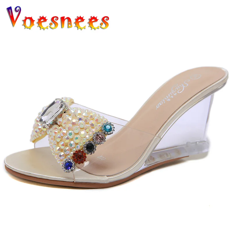 

Diamonds Wedges Women Shoes Slope Heel Sandals Female Summer Sexy Crystal Transparent High-heeled Shoes Water Drill Slippers