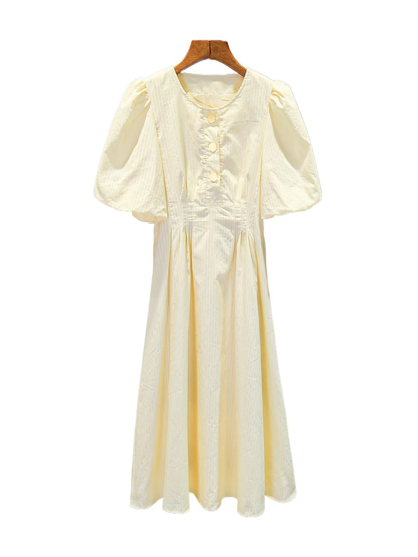 

High Waist A-Line Dr with Bubble Sves Striped Design Summer 2025 Ele Commuter Sle Polyester Fiber Midi Dr