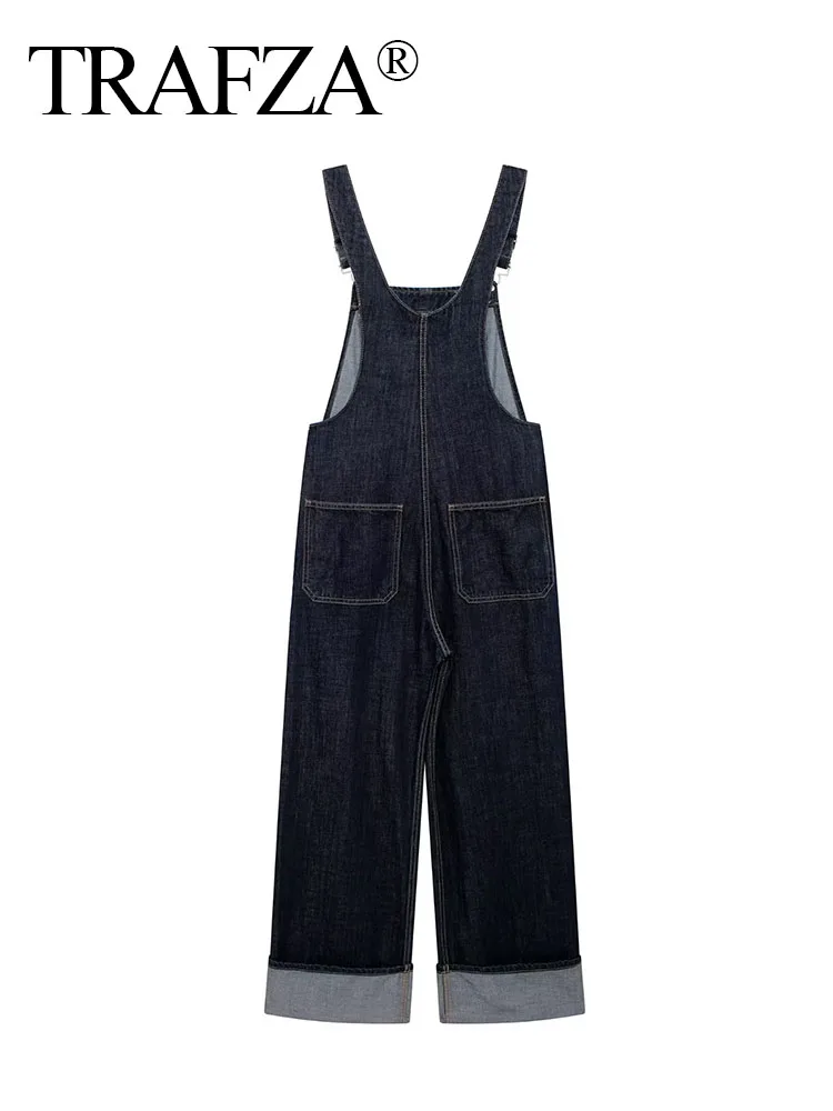 ​​TRAFZA Women Elegant Jumpsuit Solid Blue Sleeveless Backless Pockets Button Summer Women's Sling Long Denim Overalls Mujer