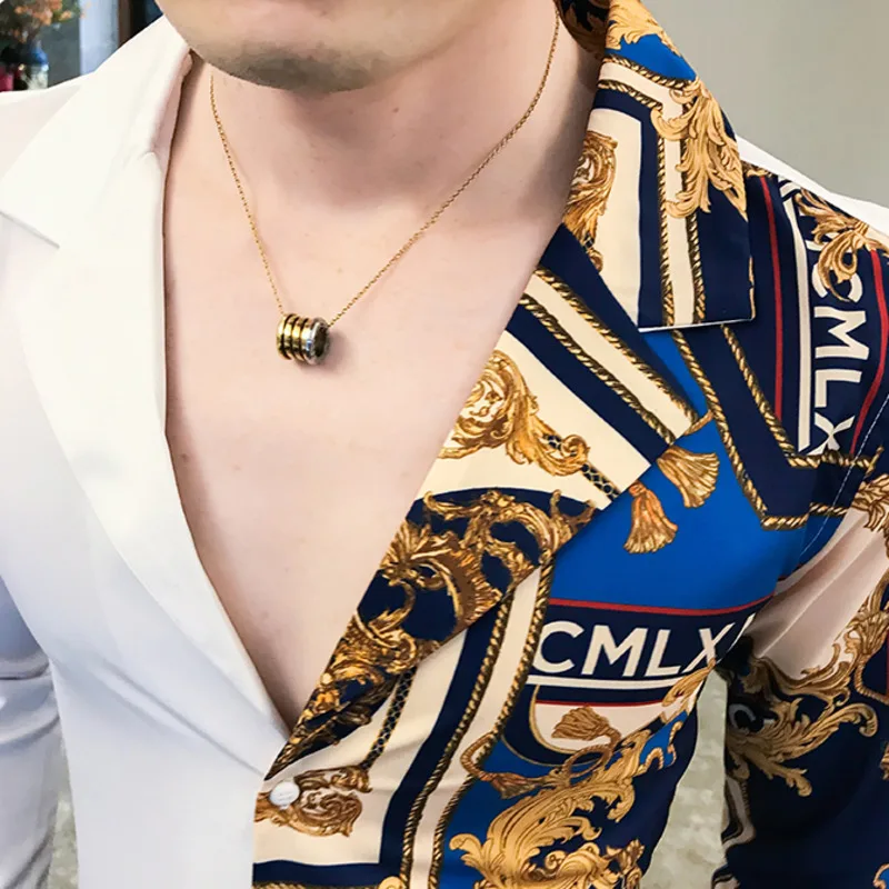Luxury Black Gold Shirt 2019 Autumn Baroque Men Shirt Long Sleeve Patchwork Casual Shirt Men Slim Fit Print Party Club Shirt