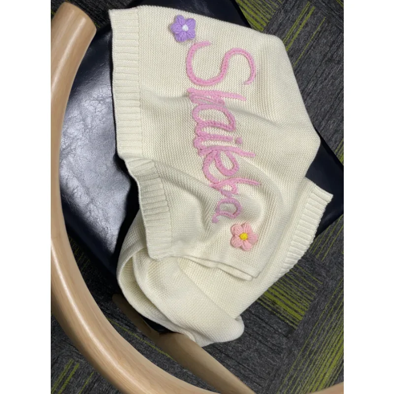 

Custom Knitted Cotton Baby Blanket with Hand - Embroidered Names: Ideal Newborn Gift baby's girl‘s boy's gift
