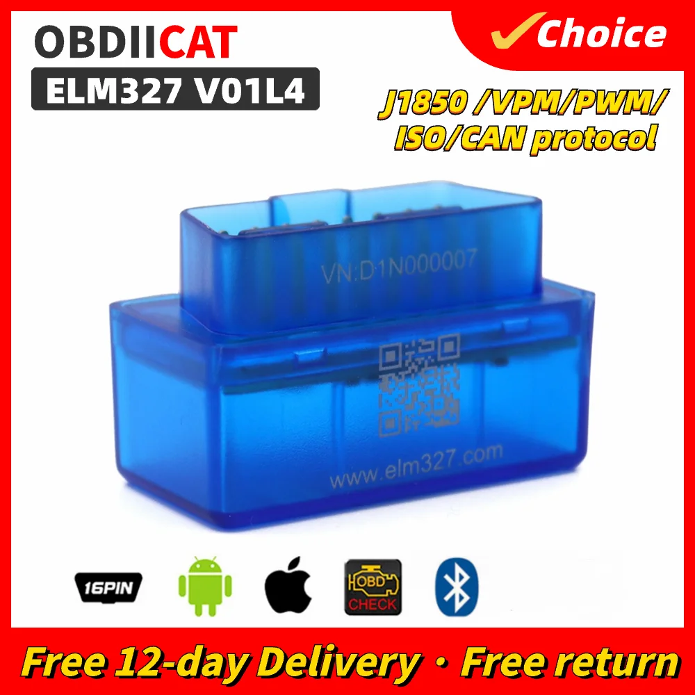 For Android/IOS Elm327 V01L4/B02L4 Bluetooth OBD2 ELM327 OBD2 BT Diagnostic Interface V1.5 Hardware Support 7 And 9 Protocols