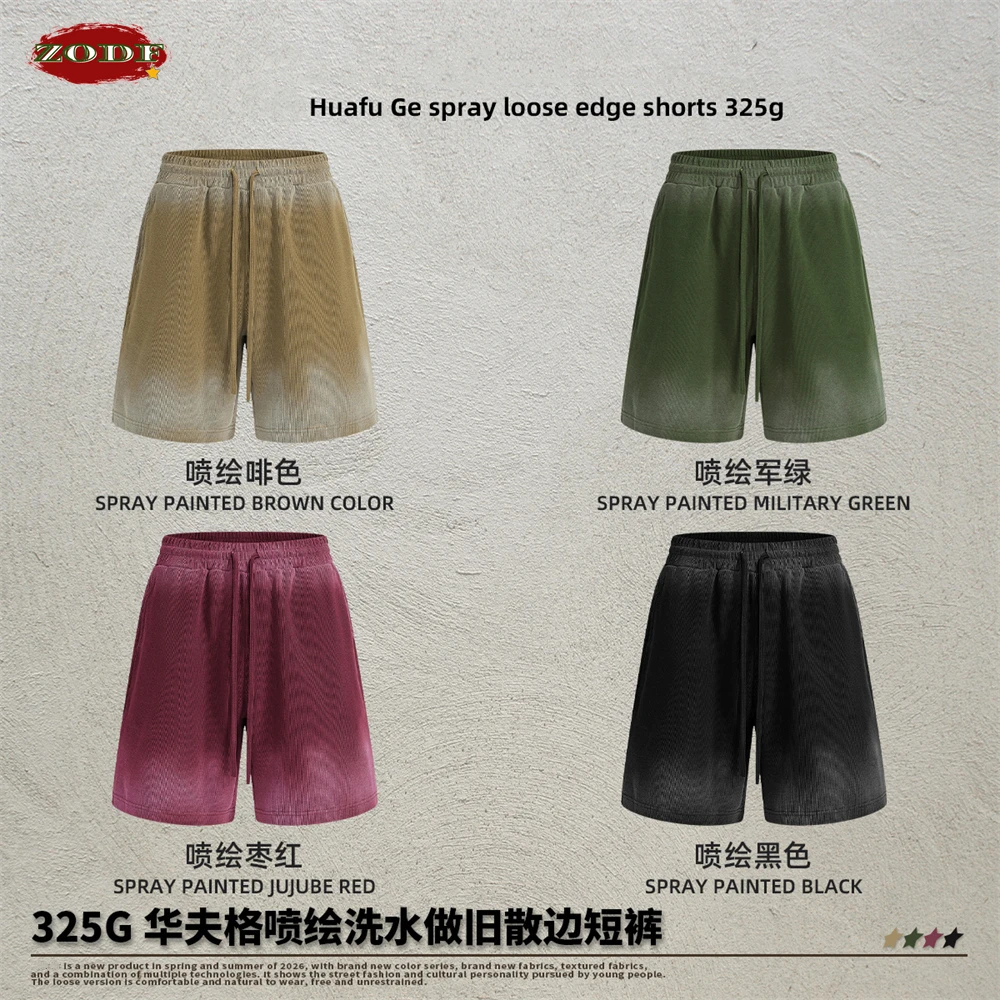 ZODF Retro 2026 Summer 325gsm Washed Waffle Shorts Unisex High Street Loose Distressed Solid Shorts Brand Streetwears HY1218