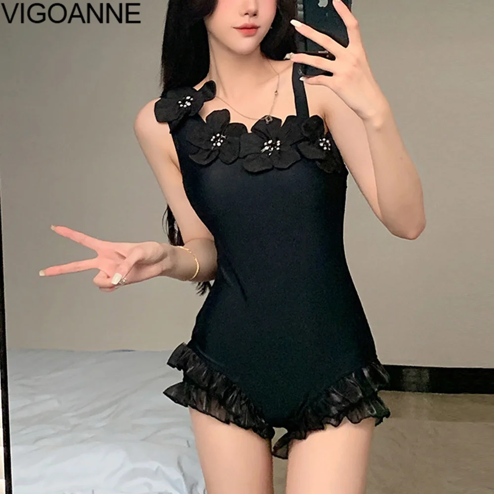 VigoAnne Black Strapped Verge Swimwear Women 2024 Sexy Push UP Flower One Piece Swimsuit Korean Monokini Backless Bathing Suit