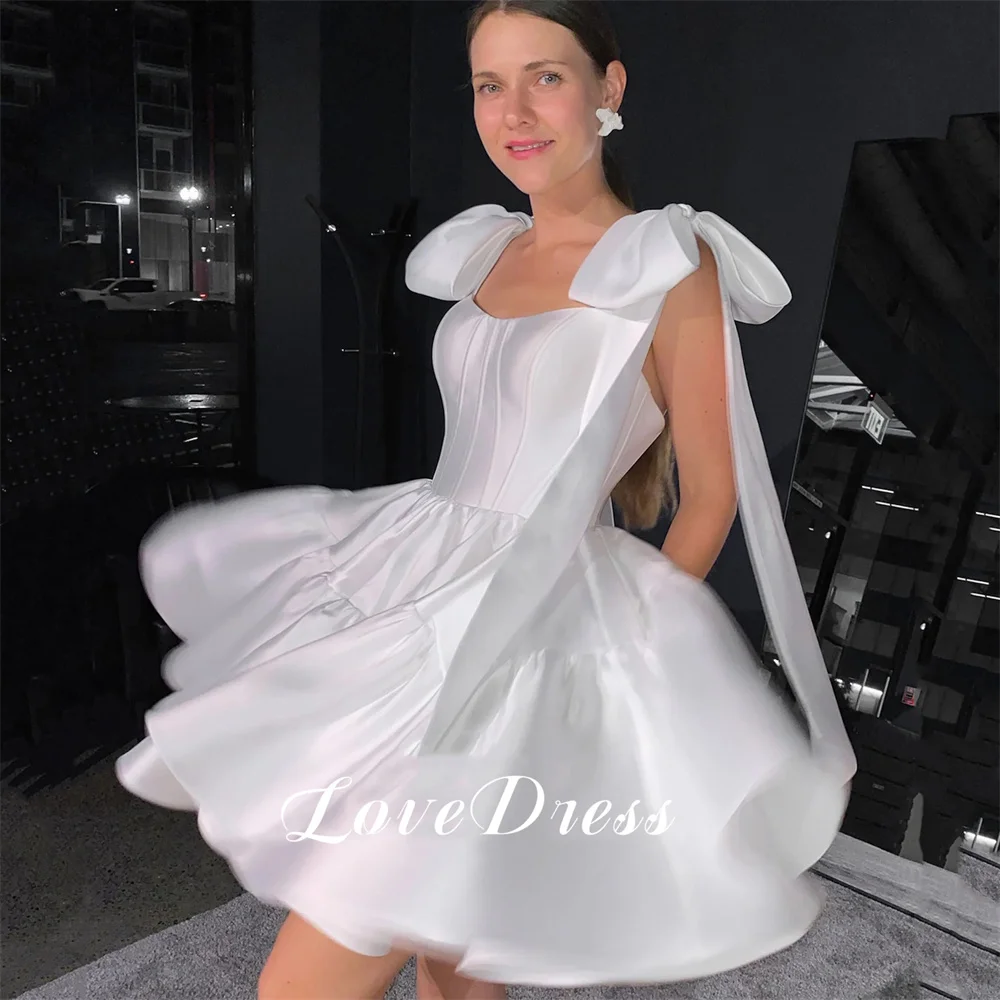 

Love Elegant Short A-Line Tiered Stain Pleats Bow Spaghetti Straps Wedding Dress Above Knee Bridal Gown Elegant Vestido De Novia