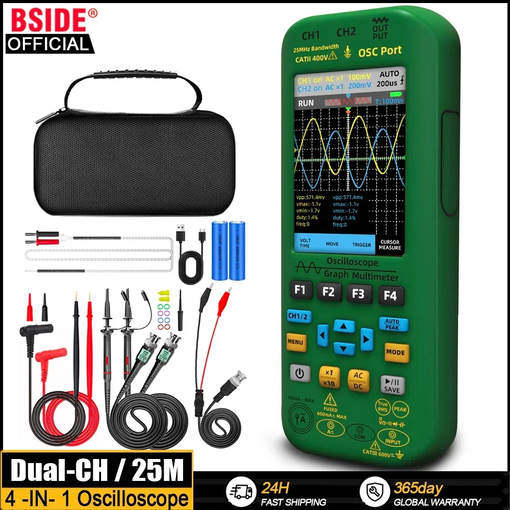 

BSIDE 4-IN-1 Handheld Oscilloscope Digital Multimeter+Function Signal Generator Dual Channel O7:25MHz/O9:50MHz Current Tester