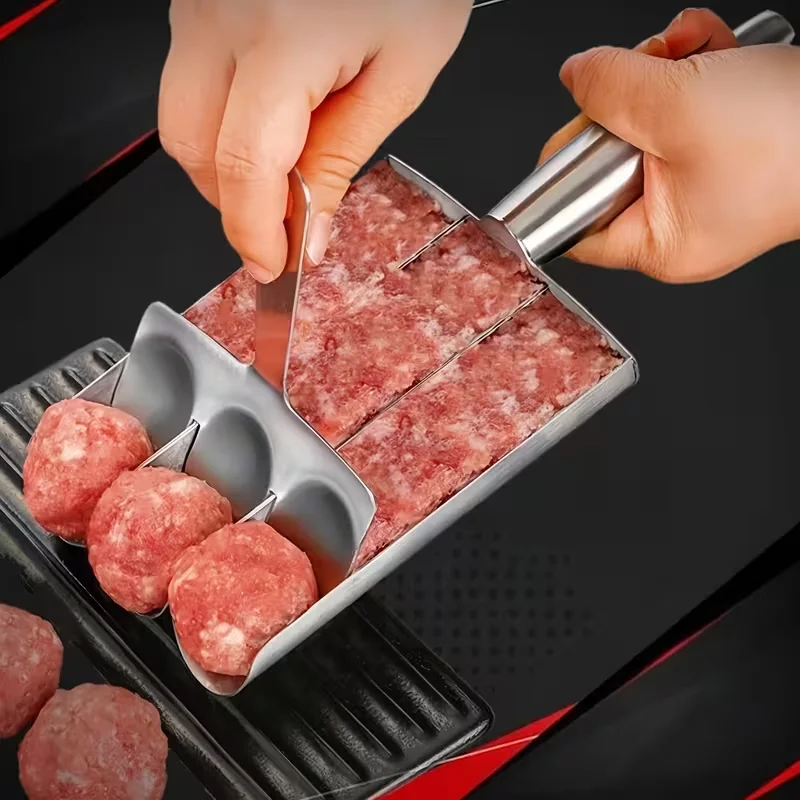 Stainless Steel Meatball Maker Scoop with Divider Manual Ground Meat Portioning Tool for Beef Pork Burger Balls Kitchen Cooking