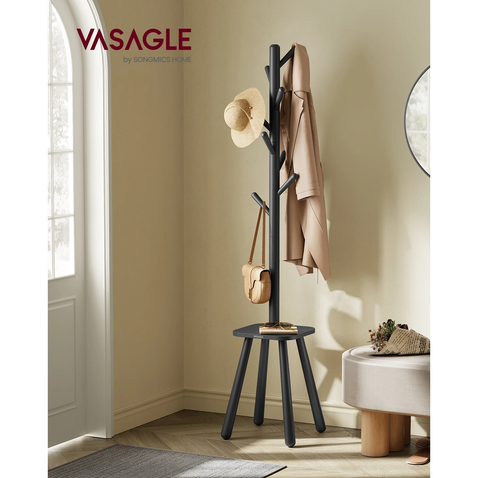 VASAGLE Coat Rack Stand: Free-standing hall tree with 8 hooks, storage shelf. 170.5 cm tall. For coats, hats, bags.